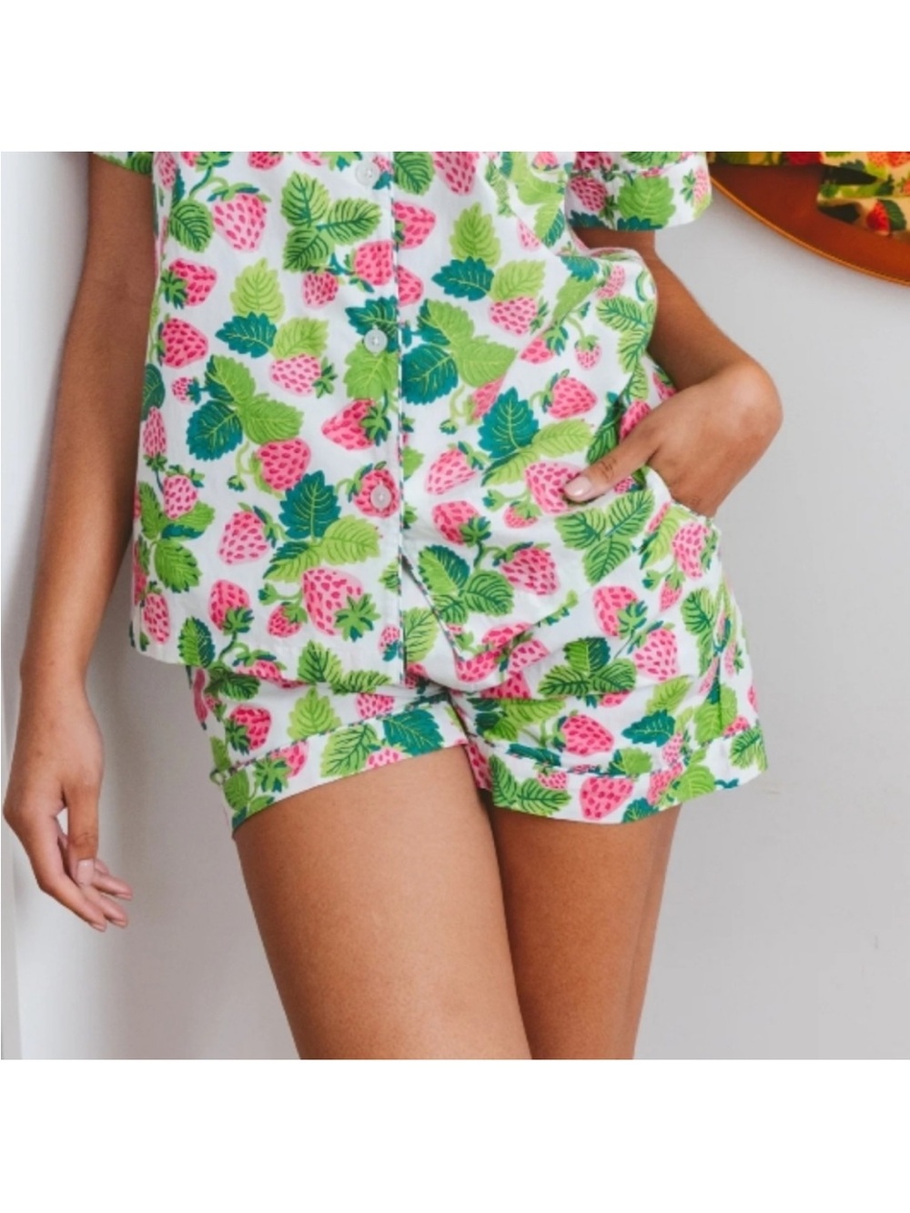 Printfresh Strawberry Fields Pajama Shorts Pink Green Fruit Print Cotton S